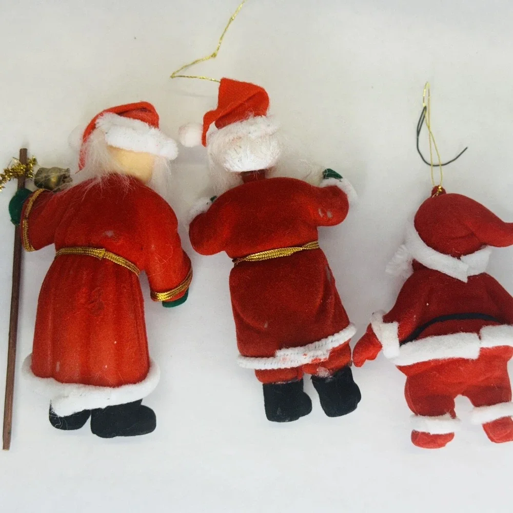 Lot of 3 vintage flocked felt Santa ornaments 1 IS 4 inches outher 2 is 5 inches